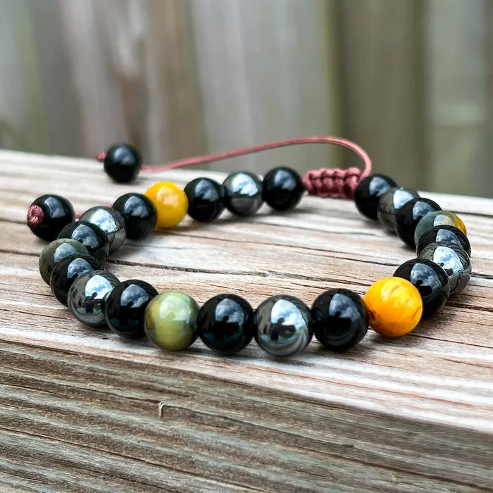 Triple Protection Bracelet Adjustable Natural Dreamy Tiger Eye Black Obsidian and Hematite Beads Magic Crystals Bracelets