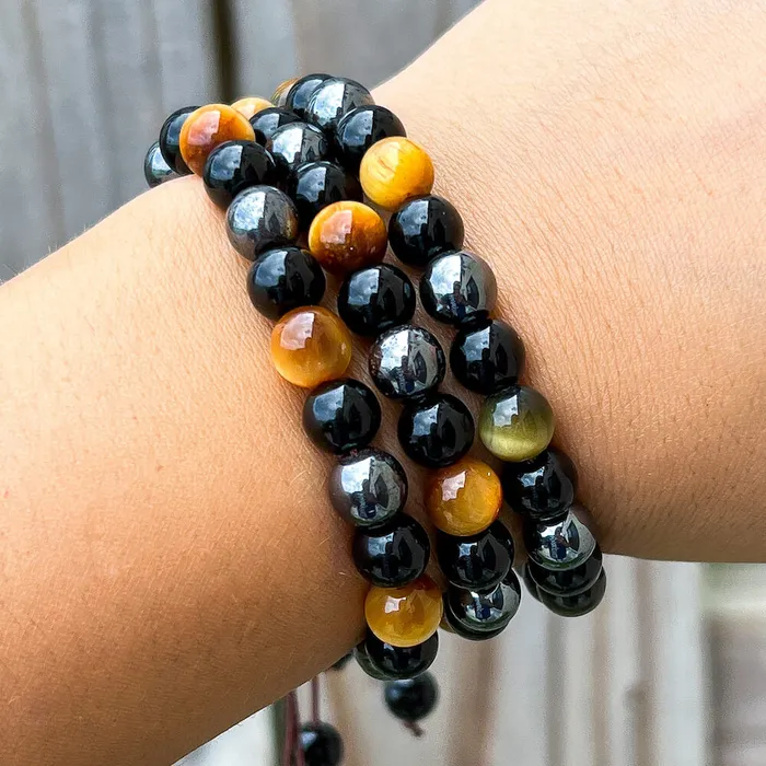 Triple Protection Bracelet Adjustable Natural Dreamy Tiger Eye Black Obsidian and Hematite Beads Magic Crystals Bracelets