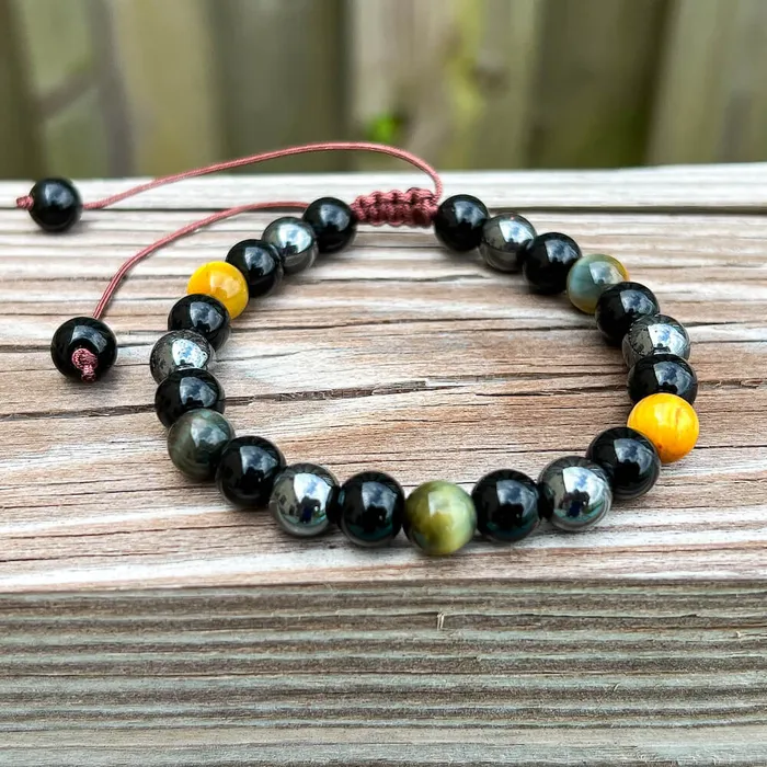 Triple Protection Bracelet Adjustable Natural Dreamy Tiger Eye Black Obsidian and Hematite Beads Magic Crystals Bracelets