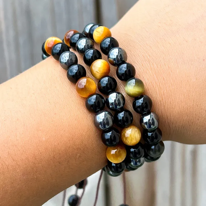 Triple Protection Bracelet Adjustable Natural Dreamy Tiger Eye Black Obsidian and Hematite Beads Magic Crystals Bracelets