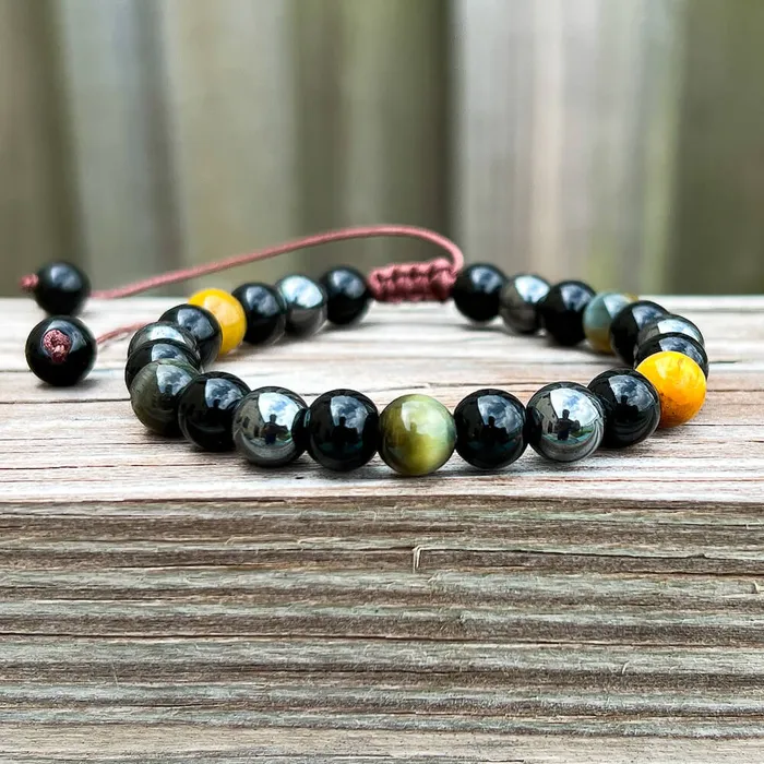 Triple Protection Bracelet Adjustable Natural Dreamy Tiger Eye Black Obsidian and Hematite Beads Magic Crystals Bracelets