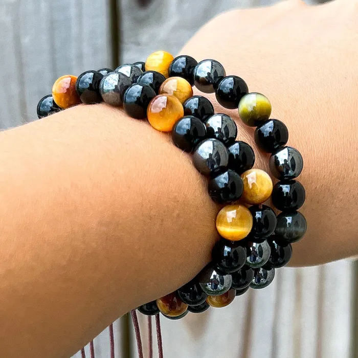 Triple Protection Bracelet Adjustable Natural Dreamy Tiger Eye Black Obsidian and Hematite Beads Magic Crystals Bracelets
