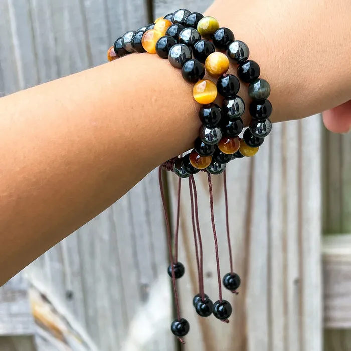 Triple Protection Bracelet Adjustable Natural Dreamy Tiger Eye Black Obsidian and Hematite Beads Magic Crystals Bracelets